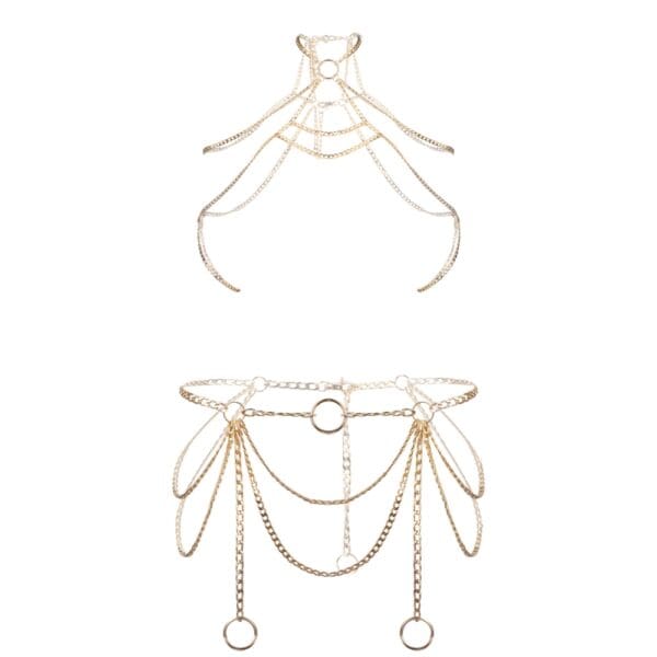 Body jewelry harness with a set of finely arranged gold chains. The set includes 2 adjustable Design jewelry harnesses, to be worn as an overlay or on their own.