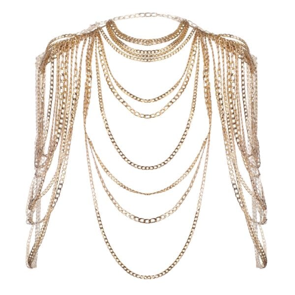 Harnais bijou de corps composé d’une cascade de chaînes dorées superposées qui habillent les épaules et le décolleté. Design ajustable à porter seul ou en superposition