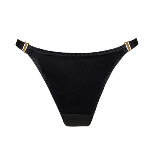 BORDELLE Signature - Tanga Seda Negro Tanga de seda negra Tirante elástico de satén con detalles bañados en oro de 24 quilates Tirantes ajustables a la cadera