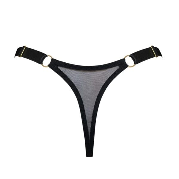 BORDELLE Signature - Tanga Seda Negro Tanga de seda negra Tirante elástico de satén con detalles bañados en oro de 24 quilates Tirantes ajustables a la cadera
