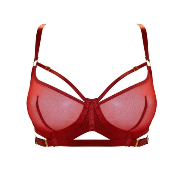 BORDELLE Signature - Soutien-gorge Balconnet Rouge Soutien-Gorge Balconnet à Armatures Rouge Brulé en Résille détails en Or Plaqué 24 Carats