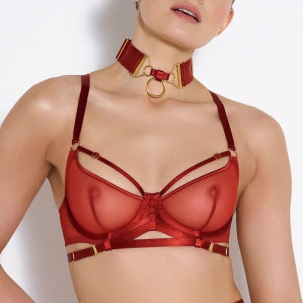 BORDELLE Signature - Soutien-gorge Balconnet Rouge - Collier Anneau Rouge Soutien-Gorge Balconnet à Armatures Rouge Brulé en Résille détails en Or Plaqué 24 Carats