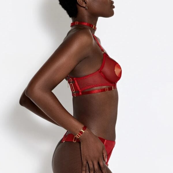 BORDELLE Signature - Soutien-gorge Balconnet Rouge - Collier Strap Rouge Soutien-Gorge Balconnet à Armatures Rouge Brulé en Résille détails en Or Plaqué 24 Carats et Collier en Élastique Plaqué Or 24 Carats