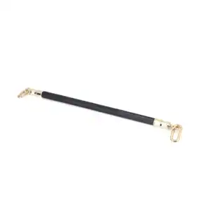 Ostrich-embossed black leather spreader bar with quick-release clips and gold finish. Elegant BDSM control accessory.