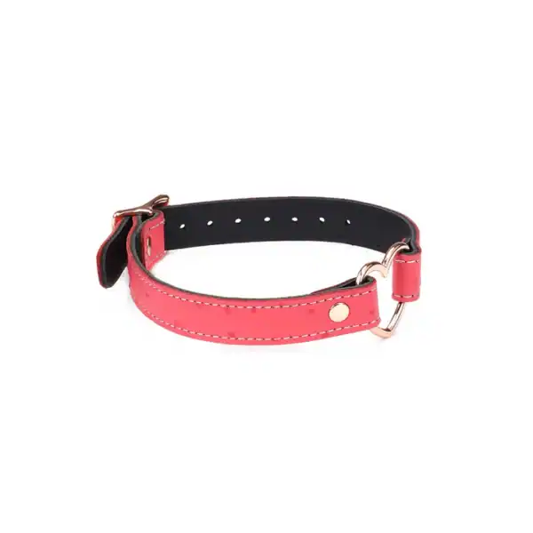 Choker Heart in pink embossed ostrich skin leather with rose gold metal center heart. Sturdy metal buckle. A seductive, assertive fetish accessory. Adjustable for perfect comfort.