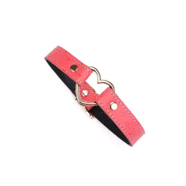 Choker Heart in pink embossed ostrich skin leather with rose gold metal center heart. Sturdy metal buckle. A seductive, assertive fetish accessory. Adjustable for perfect comfort.