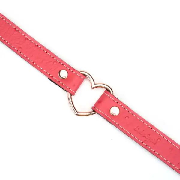 Choker Heart in pink embossed ostrich skin leather with rose gold metal center heart. Sturdy metal buckle. A seductive, assertive fetish accessory. Adjustable for perfect comfort.