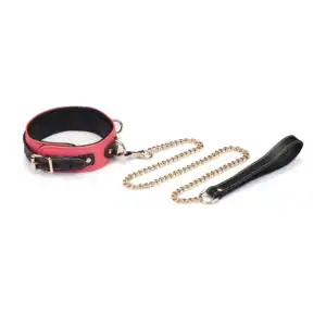 Halsband und verstellbare Leine aus italienischem Premium-Rindsleder in den Farben Rot und Schwarz Vergoldete Metallbeschläge Schnallenverschluss Abnehmbare Leine mit goldener Kette und Ledergriff