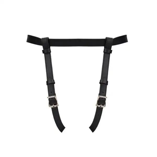 Arnés Strap On Collection Dark Secret de cuero negro, ajustable en la cintura y los muslos. Anilla de 3,8 cm para dildos, plugs o vibradores. Metal dorado, cuero vacuno auténtico, diseño lujoso.