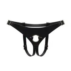 Strap On Collection Dark Secret harness in black leather, adjustable at waist and thighs. 3.8 cm ring for dildos, plugs or vibrators. Gold-plated metal, genuine cowhide leather, luxurious design.