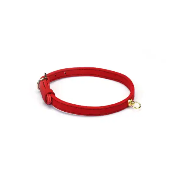 Halsband aus rotem LIEBE SEELE Wildleder mit goldenem Ring. Premium-Rindsleder, verstellbar und leicht. Ein elegantes Modeaccessoire, das Sinnlichkeit und Lust vereint und von BDSM inspiriert ist.