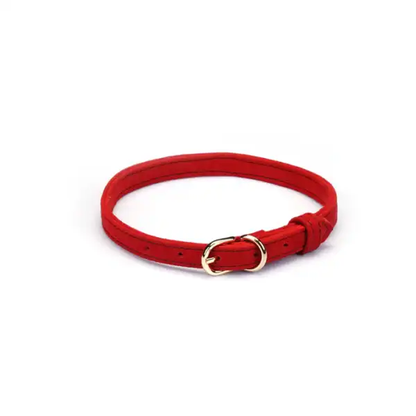 Halsband aus rotem LIEBE SEELE Wildleder mit goldenem Ring. Premium-Rindsleder, verstellbar und leicht. Ein elegantes Modeaccessoire, das Sinnlichkeit und Lust vereint und von BDSM inspiriert ist.