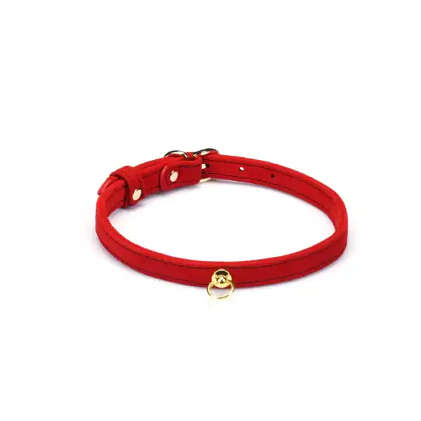 Halsband aus rotem LIEBE SEELE Wildleder mit goldenem Ring. Premium-Rindsleder, verstellbar und leicht. Ein elegantes Modeaccessoire, das Sinnlichkeit und Lust vereint und von BDSM inspiriert ist.