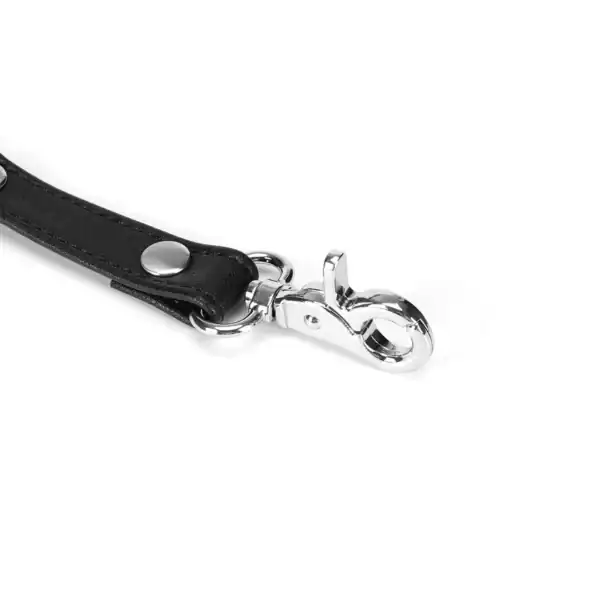 Hogtie aus schwarzem Leder mit silbernen Metallclips aus der Black Bond Kollektion für totale Unterwerfung. Langlebiges und effektives BDSM-Accessoire, das aus recycelten Materialien hergestellt wurde.