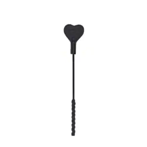 Ostrich-embossed black leather whip with heart-shaped mark. Lightweight, handy BDSM accessory with textured handle and gold finish.