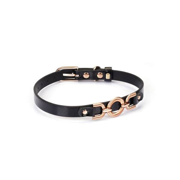 Gargantilla flexible y ajustable de polipiel negra brillante con anilla central de metal dorado