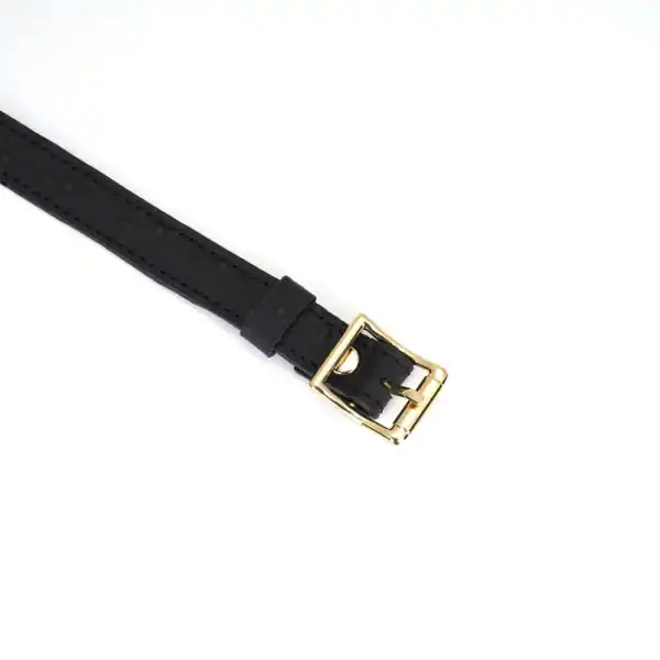 Gargantilla de cuero negro repujado con letras plateadas SLUT y ribetes dorados. Un accesorio ajustable, flexible y cómodo, perfecto para juegos BDSM y conjuntos fetichistas.