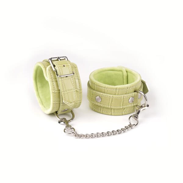 Melon Yellow Macaroon Bondage Kit LIEBE SEELE, 9 pieces: headband, ball gag, collar with leash, wrist and ankle cuffs, paddle, flogger, hogtie, mini massager, melon yellow imitation leather, adjustable buckles.