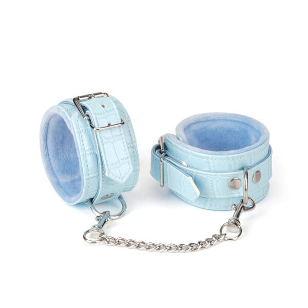 Kit de Bondage Macaron Bleu Menthe LIEBE SEELE, 9 pièces : bandeau, bâillon-boule, collier avec laisse, menottes poignets et chevilles, paddle, flogger, hogtie, mini masseur, similicuir bleu menthe avec finitions argentées.