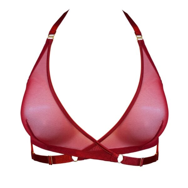 BORDELLE Signature - Soutien-gorge Wrap Rouge Soutien-Gorge Rouge Brulé en maille douce et transparente élastiques larges en satin bretelles réglables détail sur le dos et sous-bande entièrement réglables pour un ajustement sur-mesure. Fermeture élégante avec des crochets en forme de cygne, plaqués or 24 carats, sur les coutures latérales.