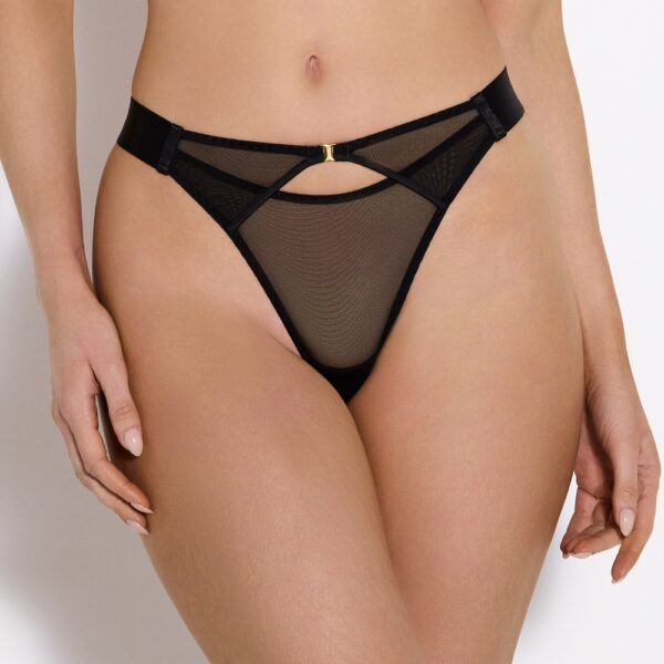 BORDELLE Signature - String Wide Strap String Noir en Tulle transparent doux avec bandes élastiques satinées noires lanières ajustables sur les hanches et finitions en laiton doré à l’or fin 24k