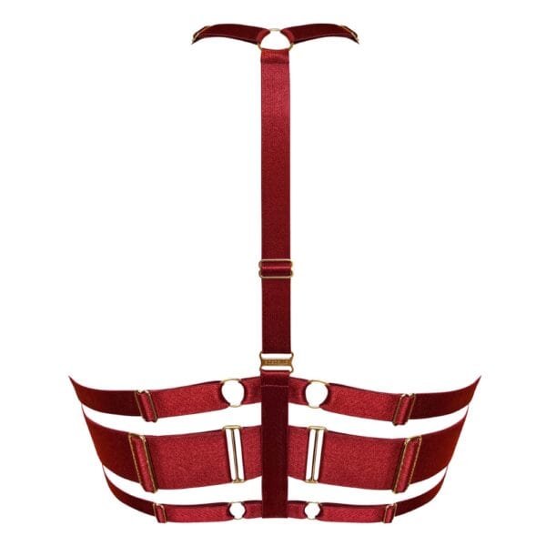 BORDELLE Signature - Soutien-gorge Wrap Rouge Soutien-Gorge Rouge Brulé en maille douce et transparente élastiques larges en satin bretelles réglables détail sur le dos et sous-bande entièrement réglables pour un ajustement sur-mesure. Fermeture élégante avec des crochets en forme de cygne, plaqués or 24 carats, sur les coutures latérales.