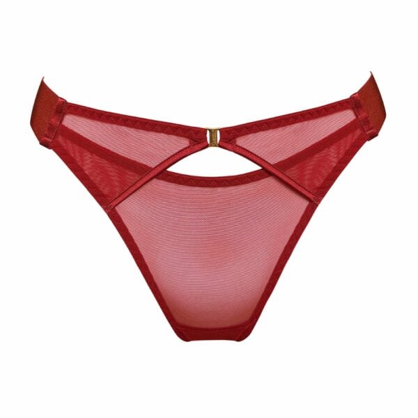 BORDELLE Signature - String Wide Strap Rot Roter String aus weichem, transparentem Tüll mit roten, satinierten, elastischen Bändern Verstellbare Hüftriemen und 24k vergoldete Messingbeschläge