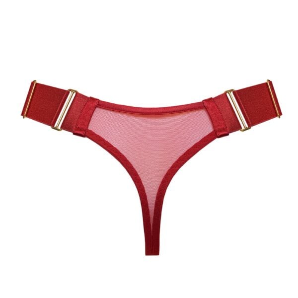 BORDELLE Signature - String Wide Strap Rot Roter String aus weichem, transparentem Tüll mit roten, satinierten, elastischen Bändern Verstellbare Hüftriemen und 24k vergoldete Messingbeschläge