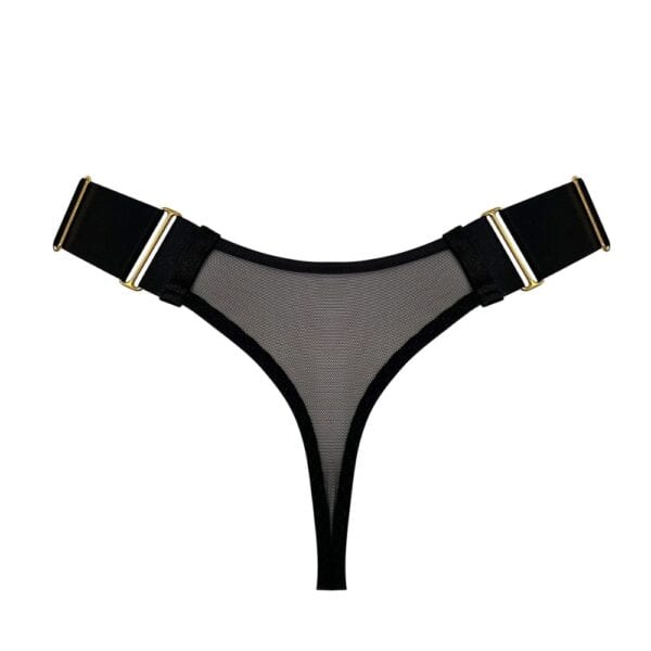 BORDELLE Signature - String Wide Strap Packshot String Noir en Tulle transparent doux avec bandes élastiques satinées noires lanières ajustables sur les hanches et finitions en laiton doré à l’or fin 24k