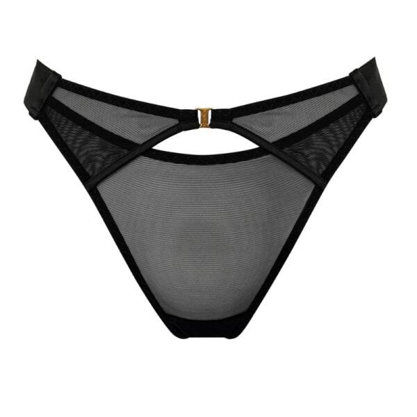 BORDELLE Signature - String Wide Strap String Noir en Tulle transparent doux avec bandes élastiques satinées noires lanières ajustables sur les hanches et finitions en laiton doré à l’or fin 24k