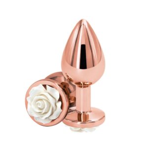 Lightweight Rose Gold chrome-plated aluminum plug with white Rose detail on base
