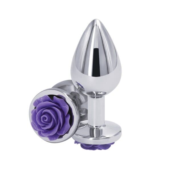 Enchufe Anal de aluminio ligero cromado en plata con detalle de rosa púrpura en la base