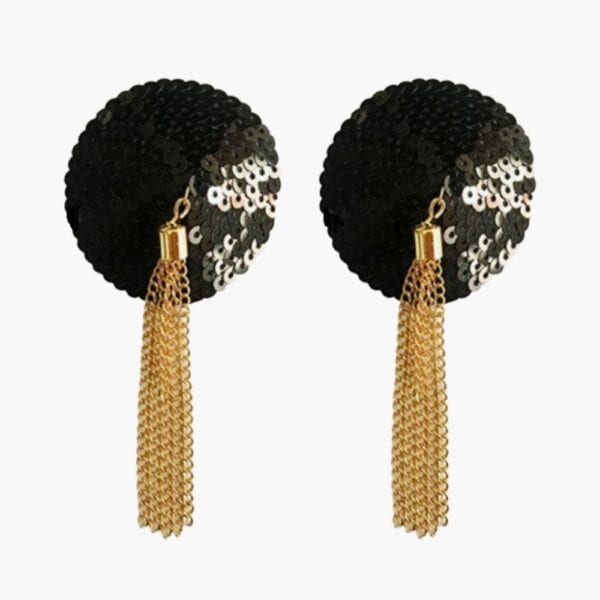 Nippies Sequins Black glitter nipple covers adorned with small gold chains