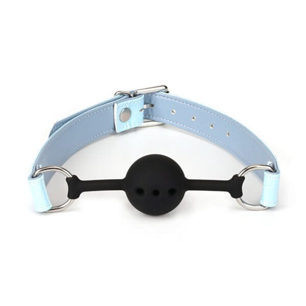 Kit de Bondage Macaron Bleu Menthe LIEBE SEELE, 9 pièces : bandeau, bâillon-boule, collier avec laisse, menottes poignets et chevilles, paddle, flogger, hogtie, mini masseur, similicuir bleu menthe avec finitions argentées.