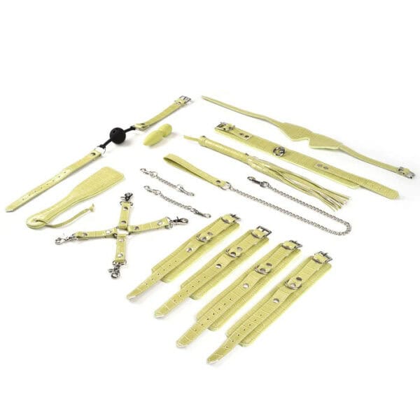 Melon Yellow Macaroon Bondage Kit LIEBE SEELE, 9 pieces: headband, ball gag, collar with leash, wrist and ankle cuffs, paddle, flogger, hogtie, mini massager, melon yellow imitation leather, adjustable buckles.