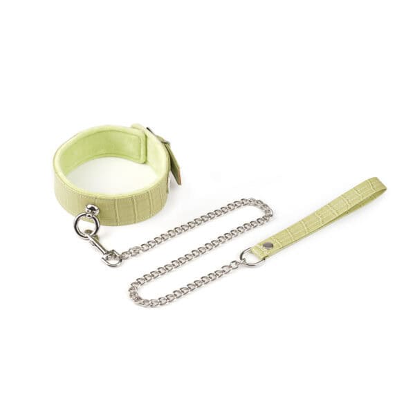 Melon Yellow Macaroon Bondage Kit LIEBE SEELE, 9 pieces: headband, ball gag, collar with leash, wrist and ankle cuffs, paddle, flogger, hogtie, mini massager, melon yellow imitation leather, adjustable buckles.