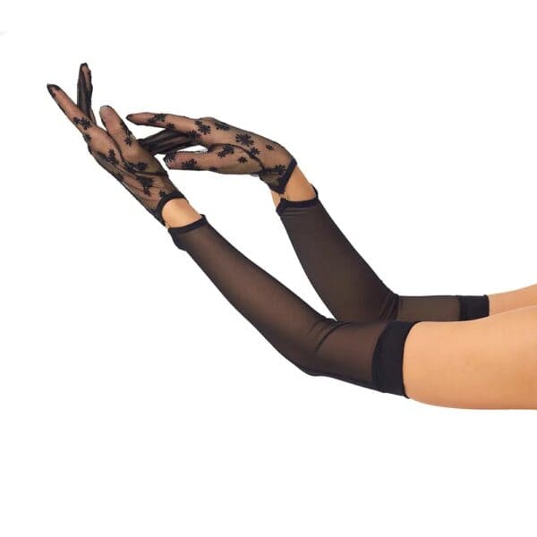 Lange Handschuhe aus schwarzem Stretch-Netz mit europäischer elastischer Spitze und vergoldeten Metallbeschlägen