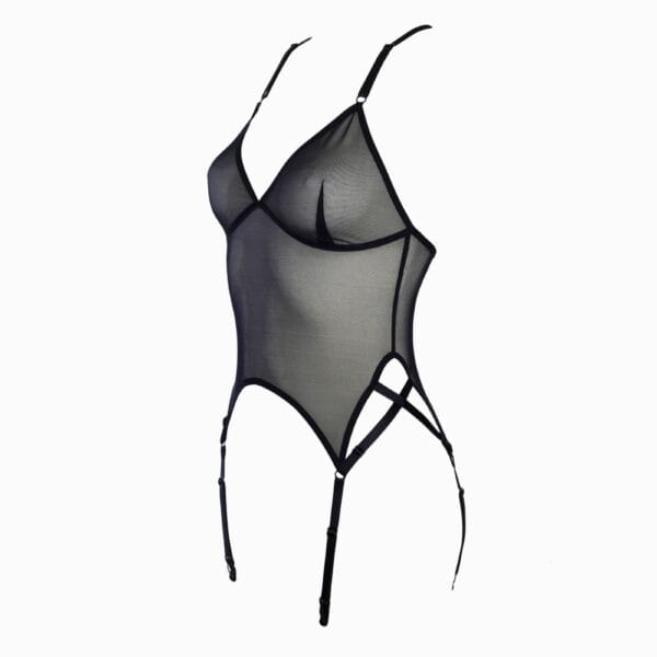 Packshot Schwarzer Guêpière aus weichem, glänzendem Stretch-Mesh mit tiefem Ausschnitt und Neckholder mit verstellbaren Satin-Elastikbändern