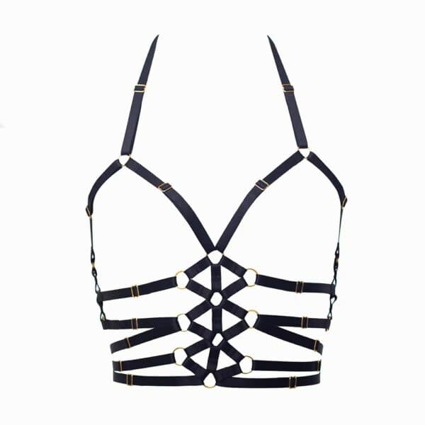 Packshot Harnais Bondage Noir Fabriqué à partir d’un élastique signature et d’accessoires plaqués or 24k