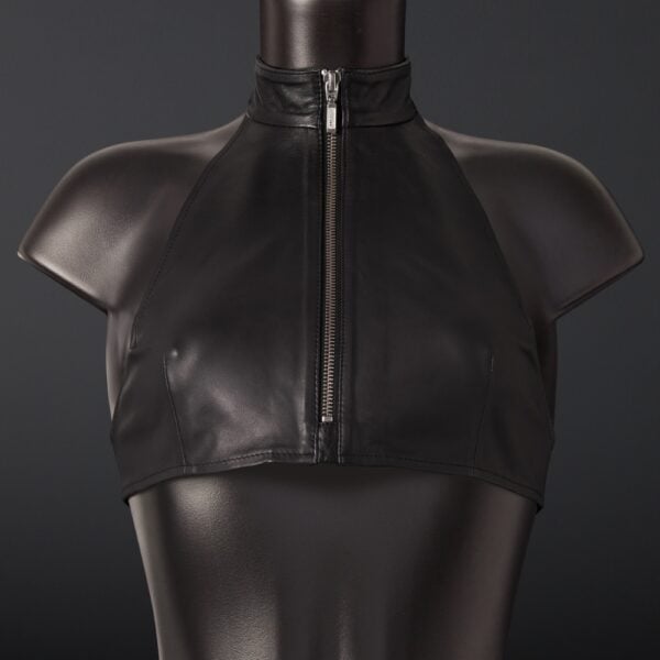Top en cuir de mouton noir zippé à col montant zip central et dos entièrement ouvert à nouer