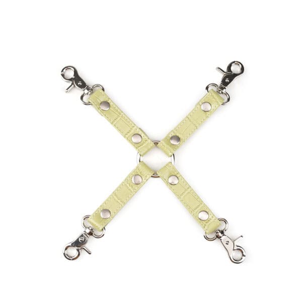 Melon Yellow Macaroon Bondage Kit LIEBE SEELE, 9 pieces: headband, ball gag, collar with leash, wrist and ankle cuffs, paddle, flogger, hogtie, mini massager, melon yellow imitation leather, adjustable buckles.