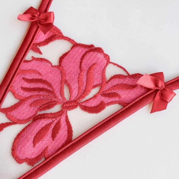 Mini thong in red and pink embroidered tulle with red ties and little bows, Rosebud model by Lucky Cheeks.
