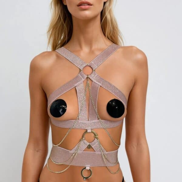 MAISON LIBERTINE - REGINA Pink Harness Jewelry Regina pink jewel harness for women, with gold-plated chains, elegant and adjustable to enhance any outfit.