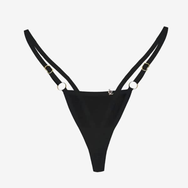 QRUCIFIX - GIA Open Thong Open Black G-string Gusset in recycled bamboo elastic, 18-carat gold-plated Zamac components, non-toxic Kemtex dyes, vegan and cruelty-free.