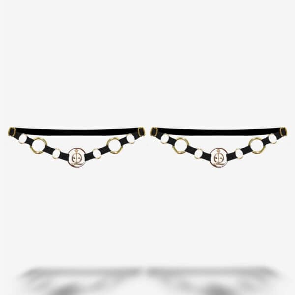 Stella adjustable garters in black recycled elastic and 18-carat gold-plated details - graphic design by QRUCIFIX, handmade in the UK.