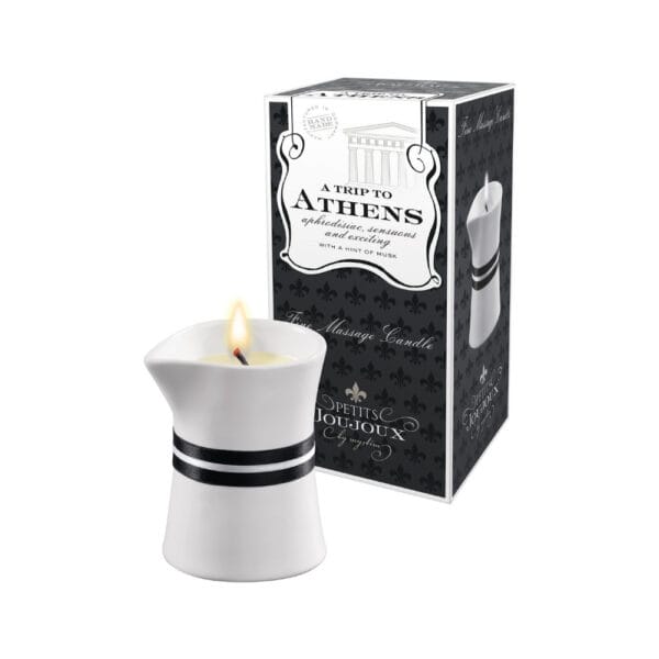 Patchouli-musk scented massage candle, melting in natural jojoba and shea butter moisturizing oil, for sensory moments inspired by Greek antiquity.