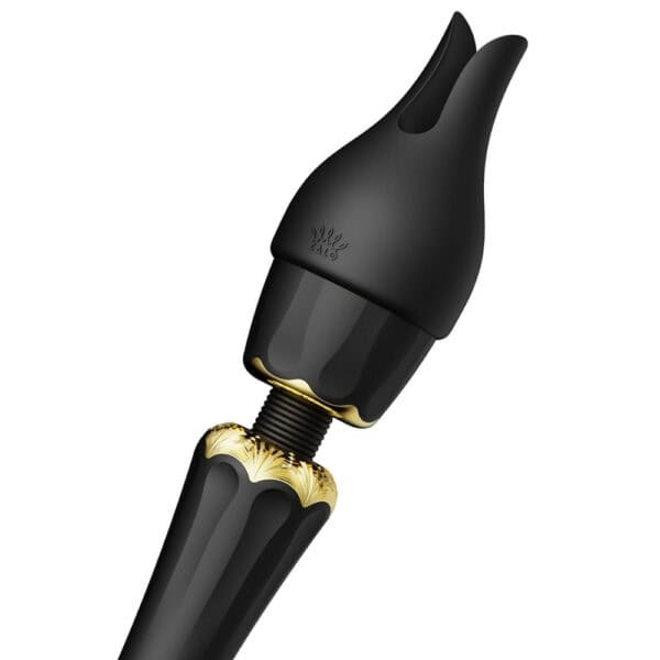 Packshot Wand Vibrator Black Silicone and ABS Plastic Splashproof 5 vibration modes with two silicone tips included
