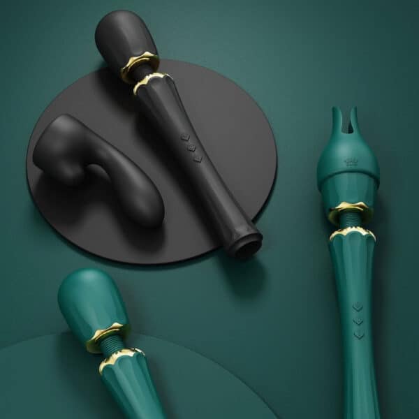 Packshot Wand Vibrator Black Silicone and ABS Plastic Splashproof 5 vibration modes with two silicone tips included