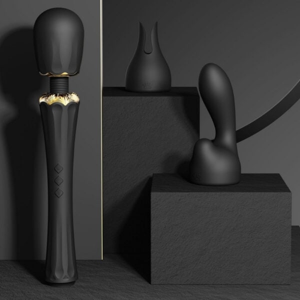 Packshot Wand Vibrator Black Silicone and ABS Plastic Splashproof 5 vibration modes with two silicone tips included