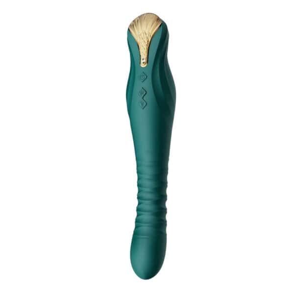 Packshot Vibrator Grün aus Silikon und ABS-Kunststoff kombiniert 8 pulsierende Modi und 4 vibrierende Modi in einem imposanten und raffinierten Design er ist spritzwassergeschützt